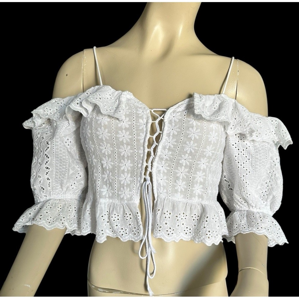 Women's Strappy Cropped Lace-Up Eyelet Peplum Top Blouse Boho Festival Delicate